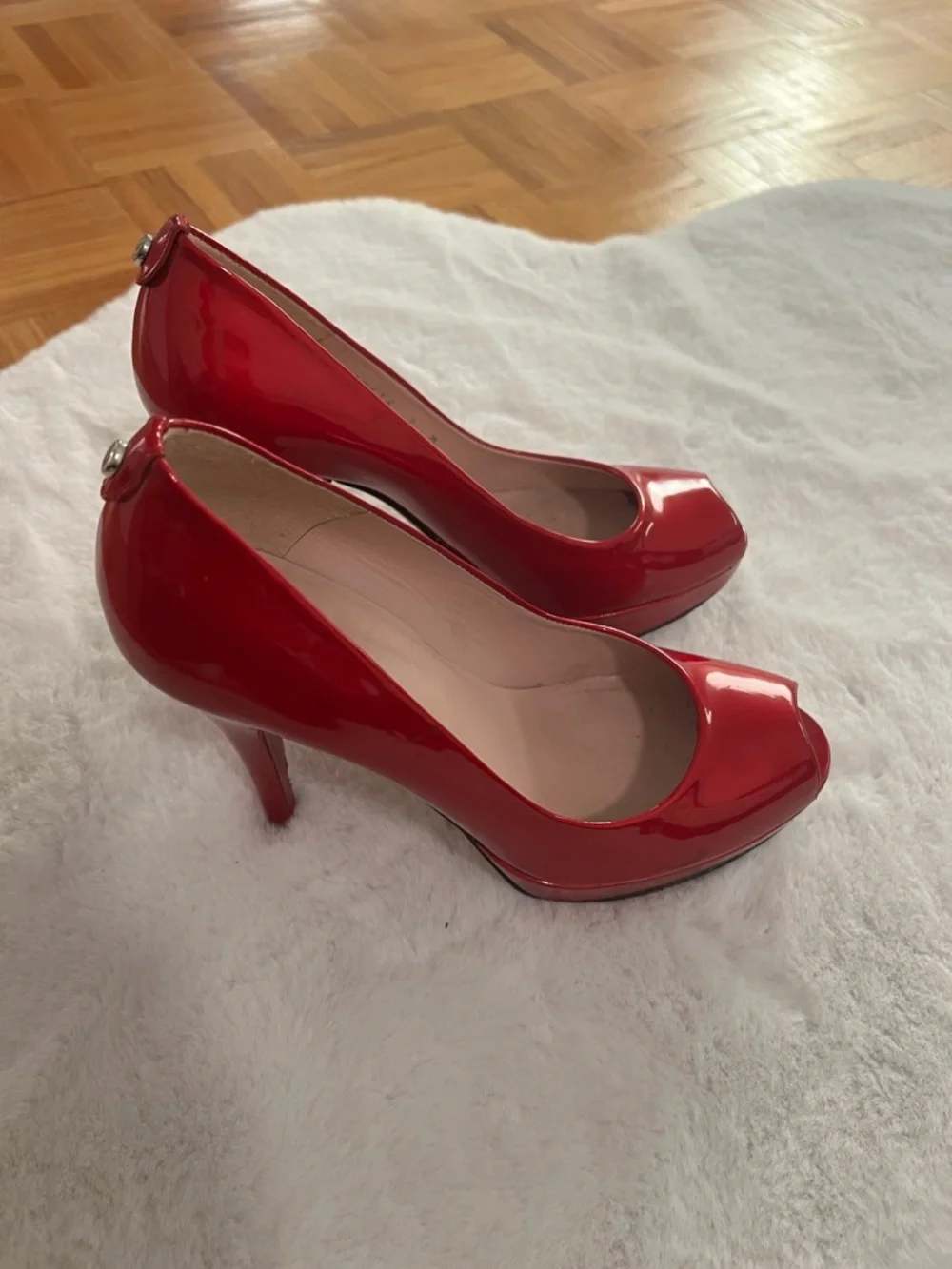 Stuart Weitzman Red Patent Peep-Toe Platform Pumps - Picture 3 of 14